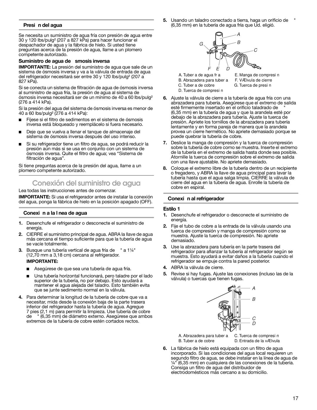 Estate 2315225 warranty Conexión del suministro de agua, Presión del agua, Suministro de agua de ósmosis inversa 