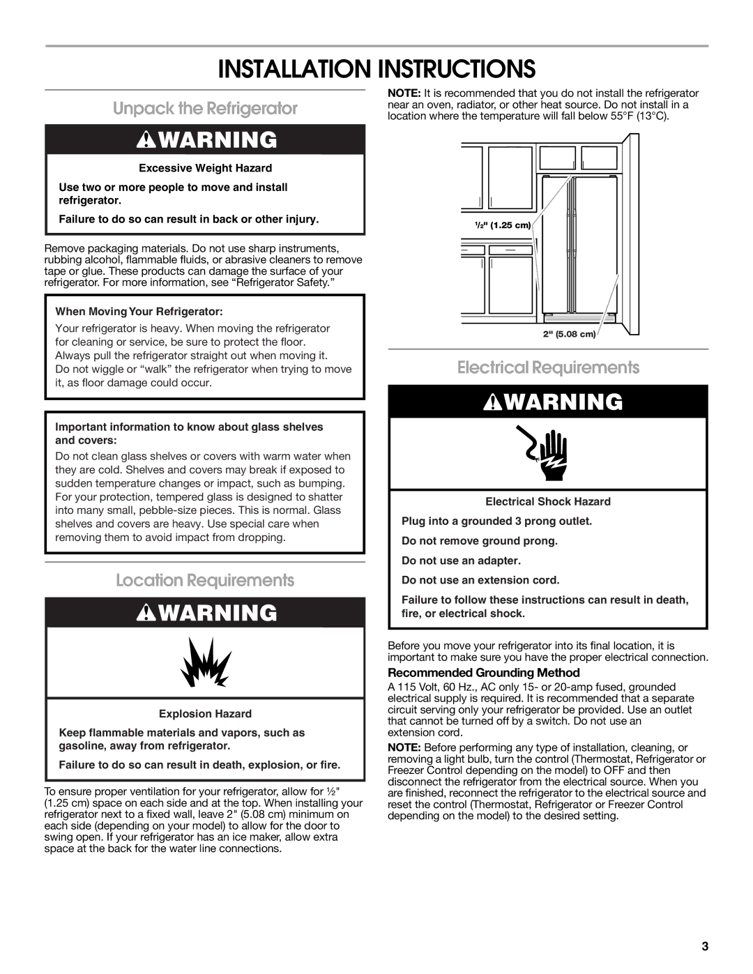 Estate 2315225 warranty Installation Instructions, Unpack the Refrigerator, Location Requirements, Electrical Requirements 