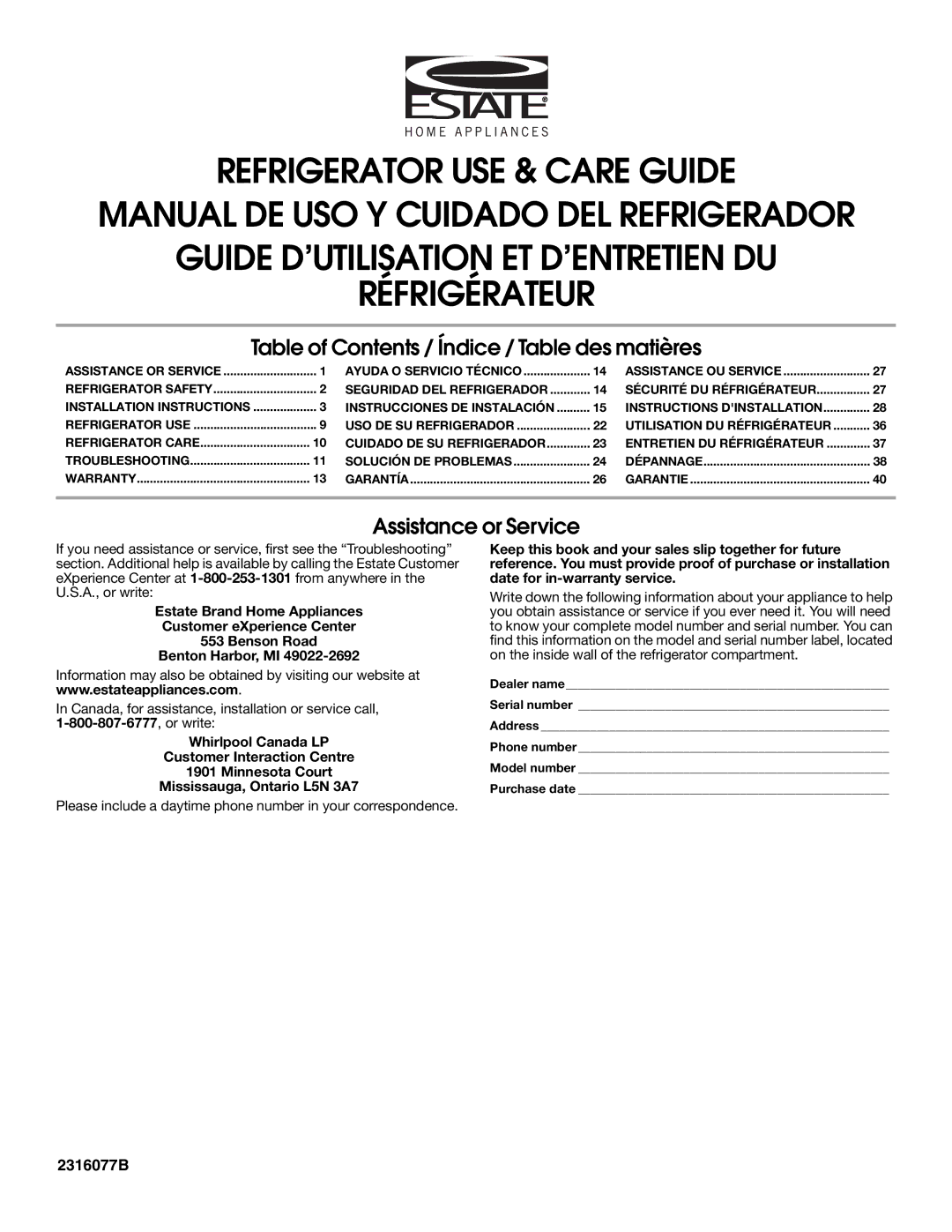 Estate 2316077B warranty Table of Contents / Índice / Table des matières 