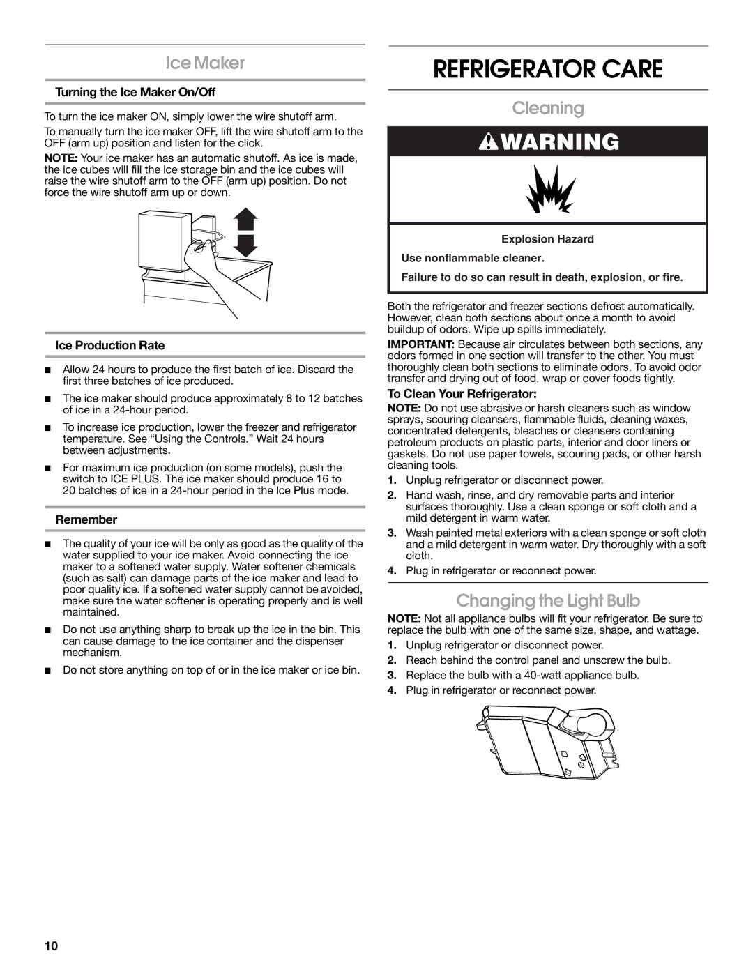 Estate 2316077B warranty Refrigerator Care, Ice Maker, Cleaning, Changing the Light Bulb 