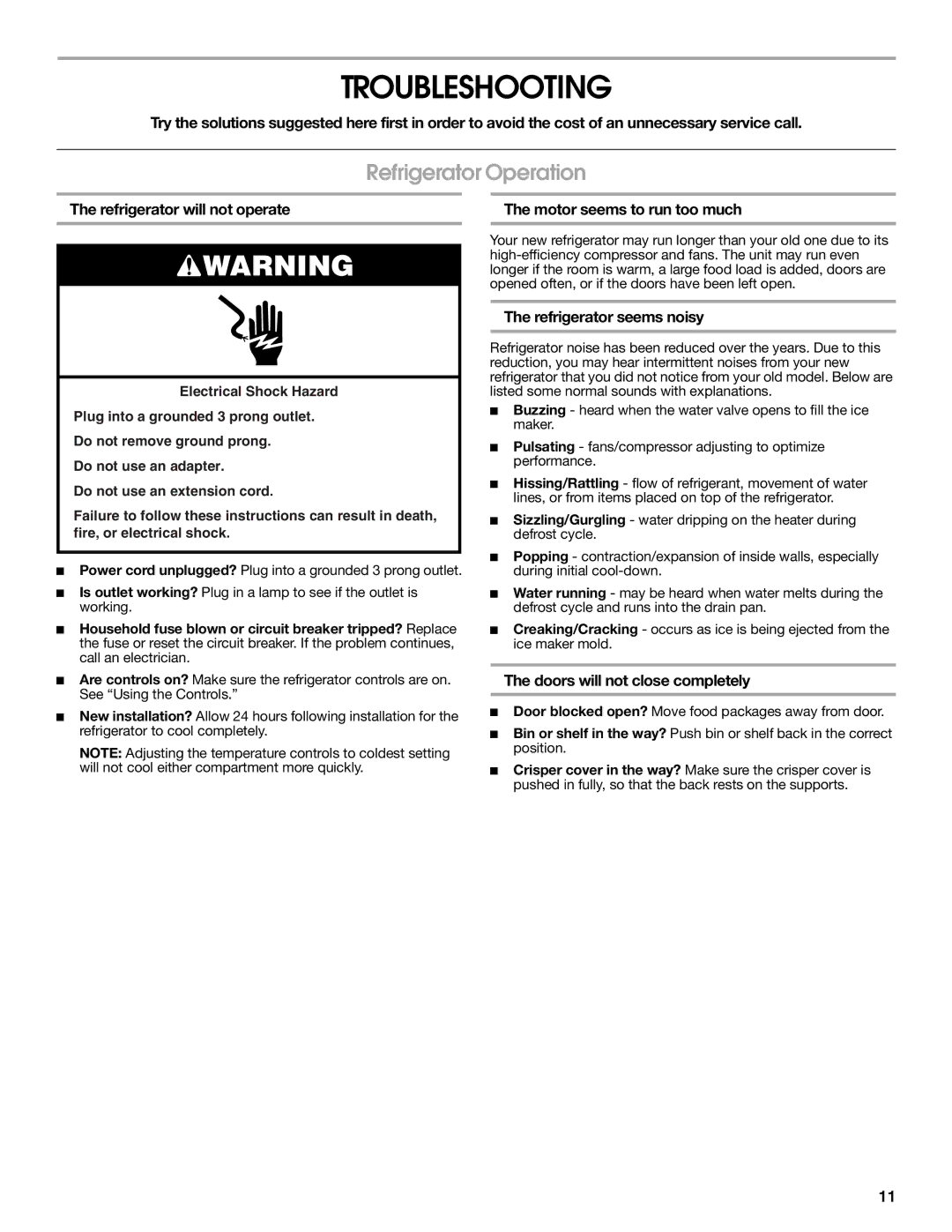 Estate 2316077B warranty Troubleshooting, Refrigerator Operation 