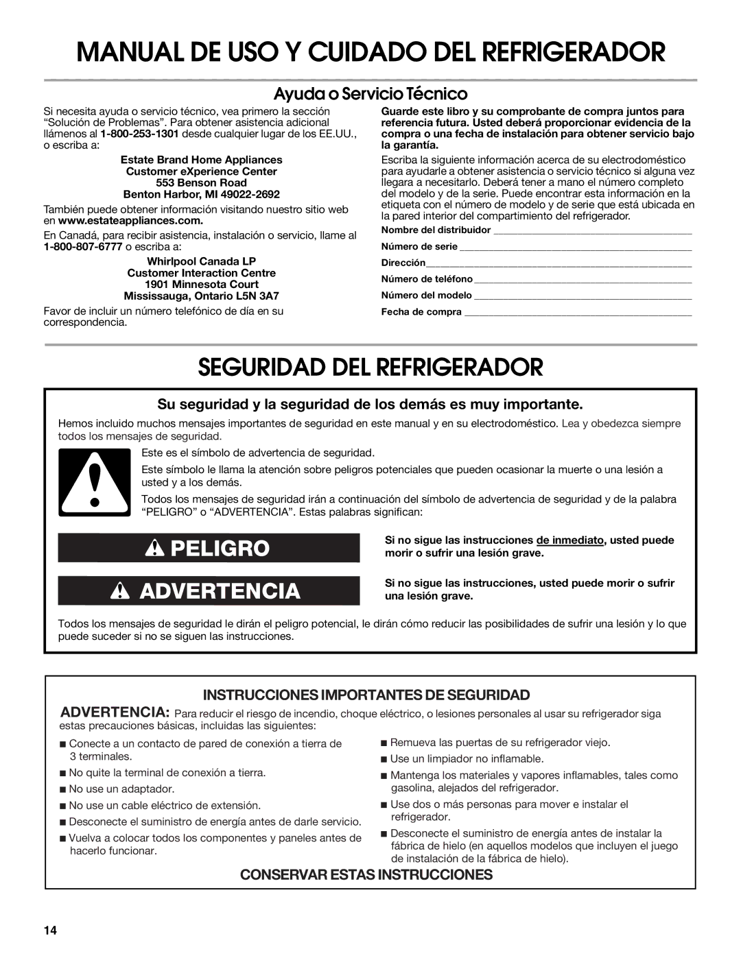 Estate 2316077B warranty Seguridad DEL Refrigerador, Ayuda o Servicio Técnico 