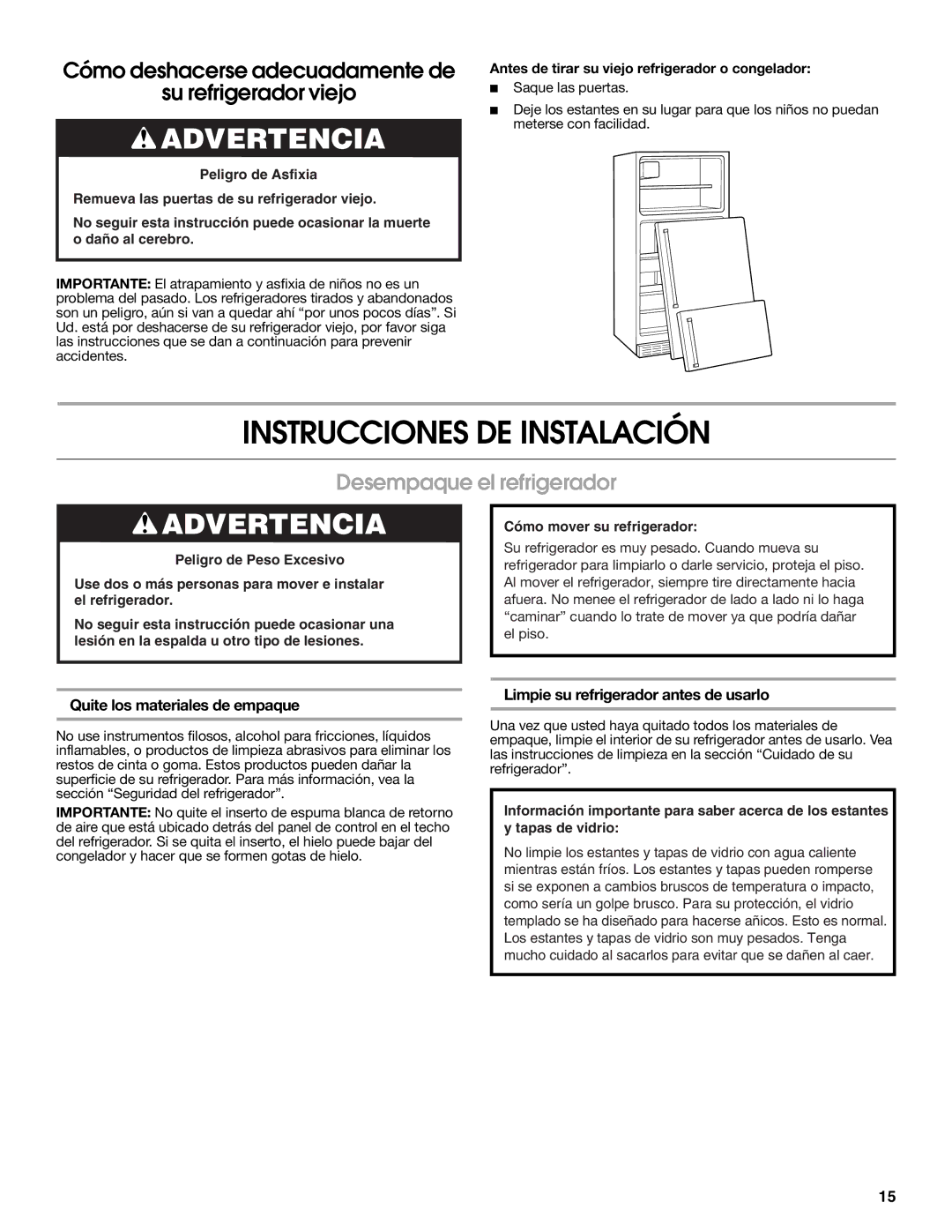 Estate 2316077B warranty Instrucciones DE Instalación, Desempaque el refrigerador, Quite los materiales de empaque 