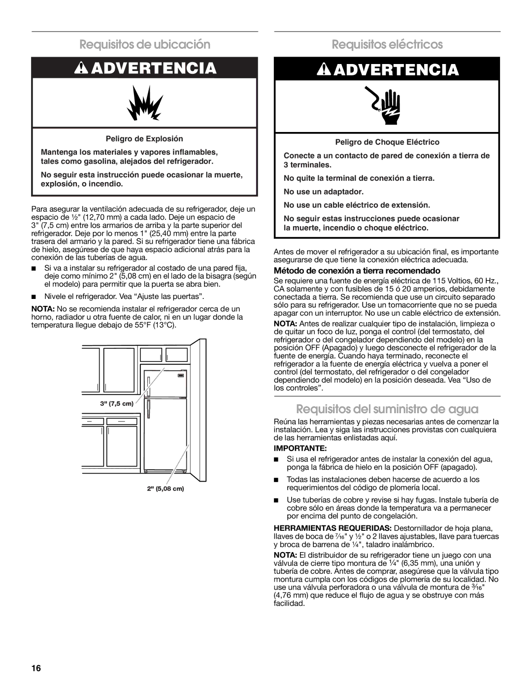 Estate 2316077B warranty Requisitos de ubicación, Requisitos eléctricos, Requisitos del suministro de agua, Importante 