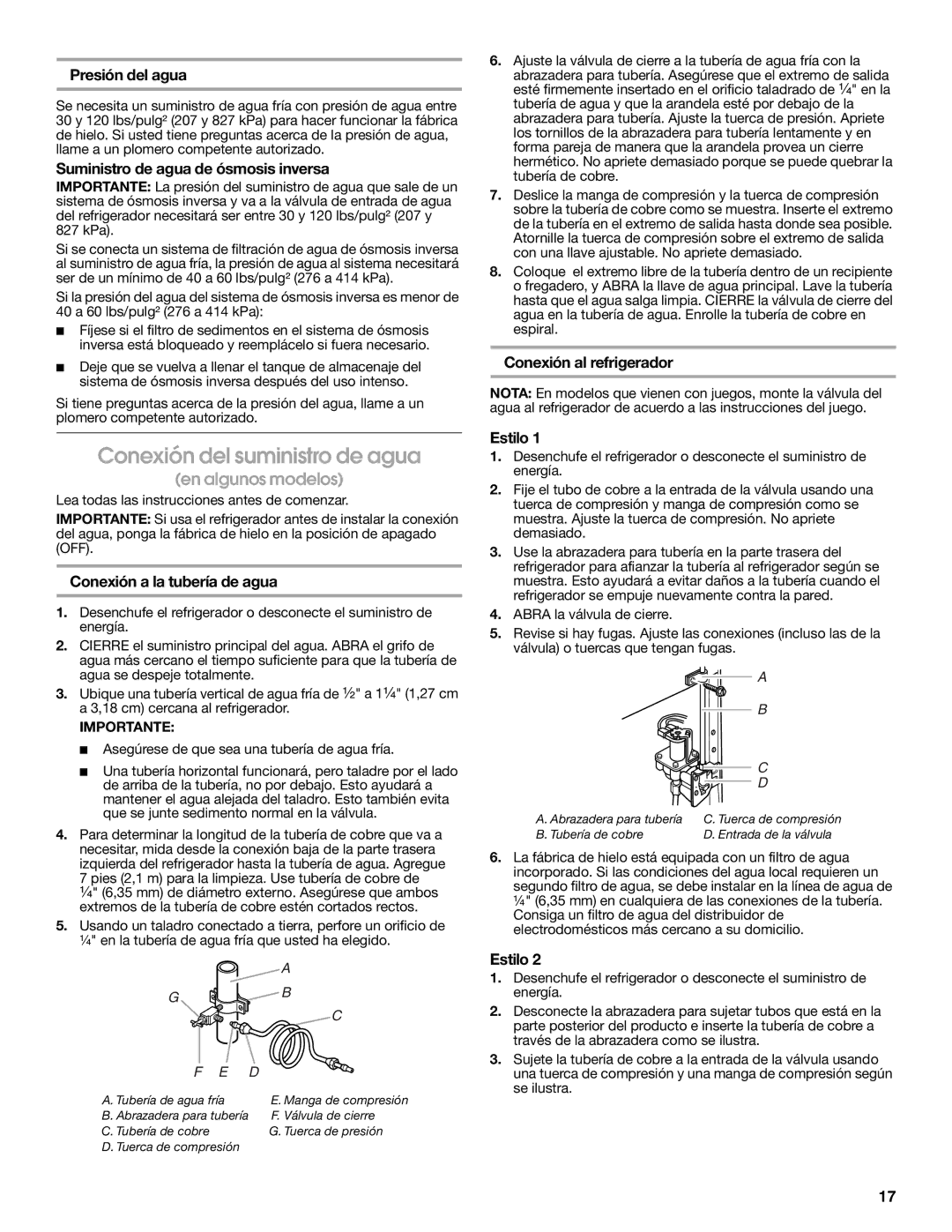 Estate 2316077B warranty Conexión del suministro de agua 