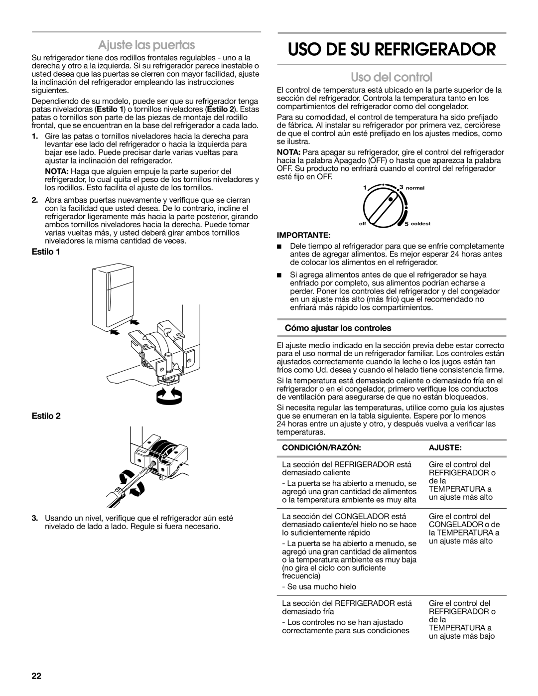 Estate 2316077B warranty USO DE SU Refrigerador, Ajuste las puertas, Uso del control, Cómo ajustar los controles 