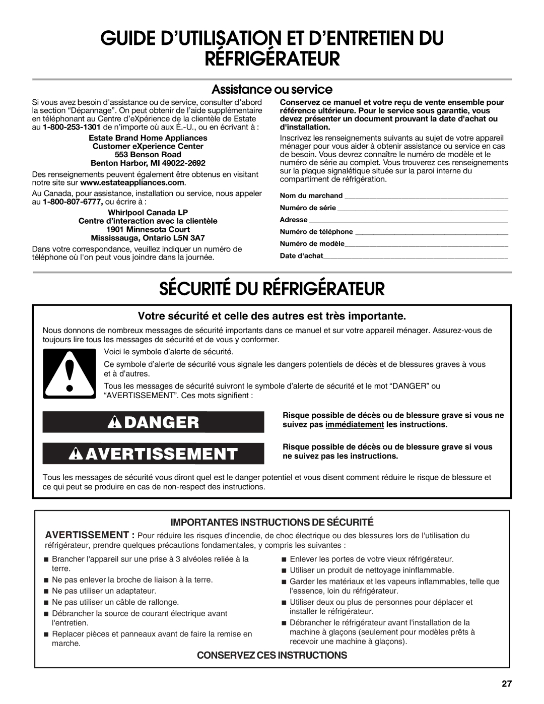 Estate 2316077B warranty Guide D’UTILISATION ET D’ENTRETIEN DU Réfrigérateur, Sécurité DU Réfrigérateur 