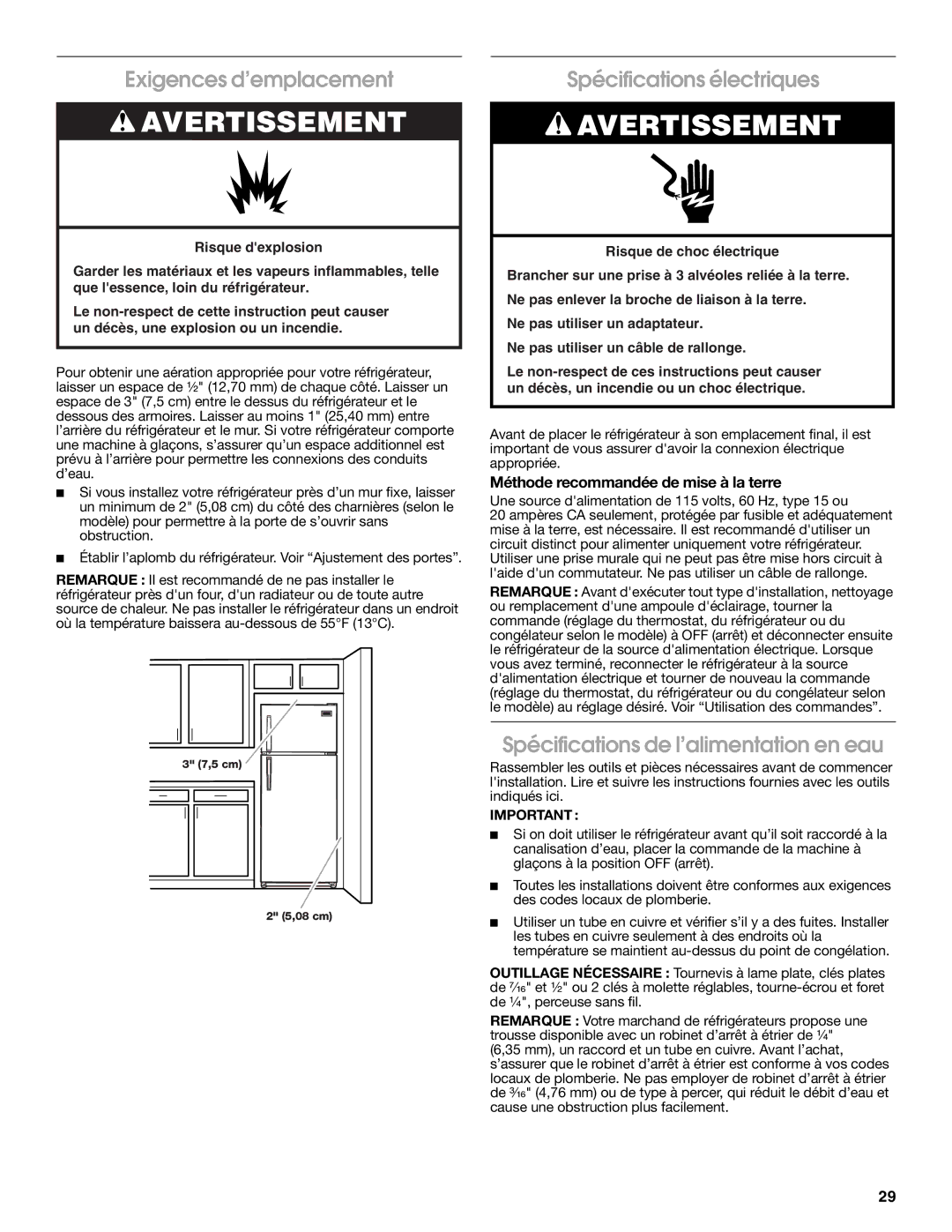 Estate 2316077B warranty Exigences d’emplacement, Spécifications électriques, Spécifications de l’alimentation en eau 