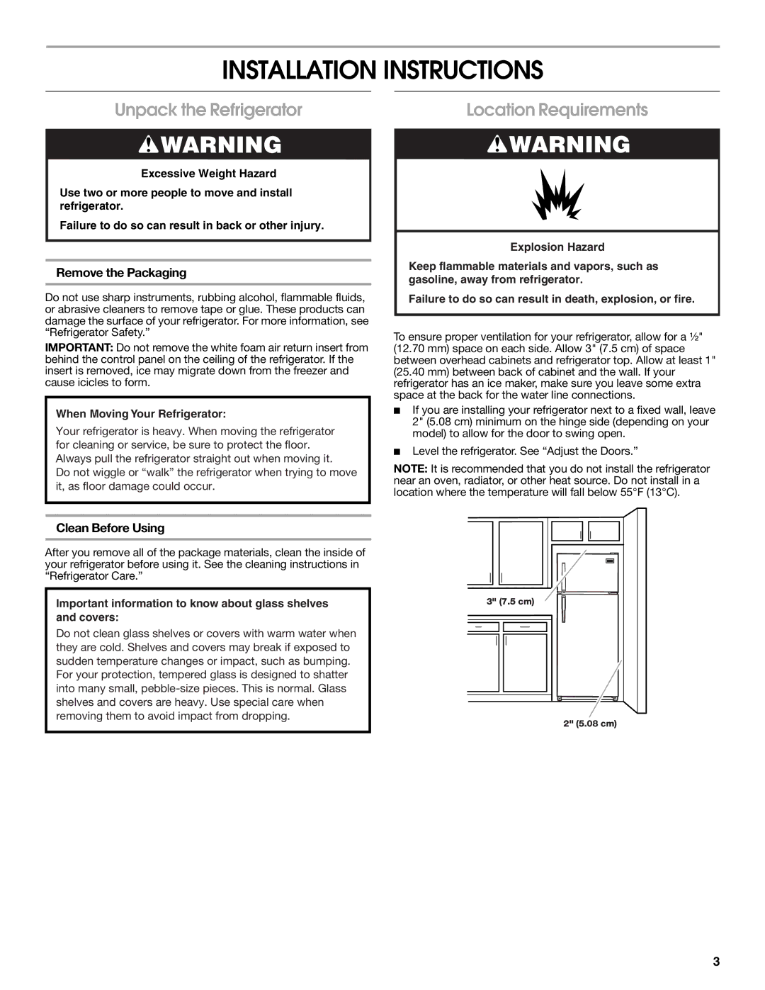 Estate 2316077B warranty Installation Instructions, Unpack the Refrigerator, Location Requirements, Remove the Packaging 