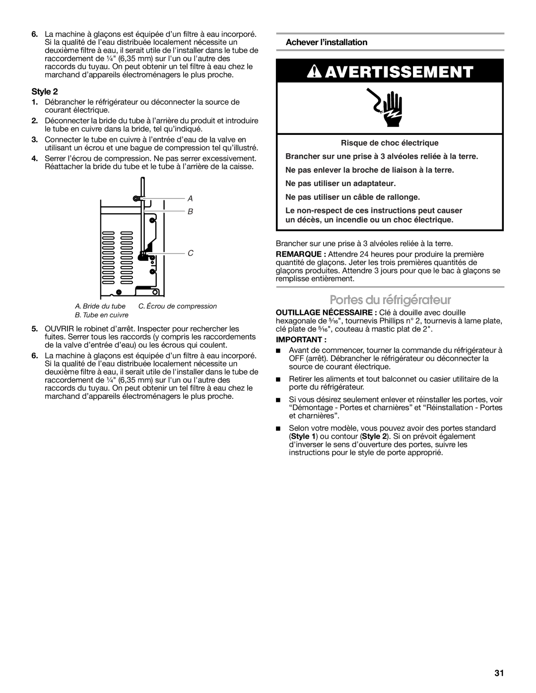 Estate 2316077B warranty Portes du réfrigérateur, Achever l’installation 