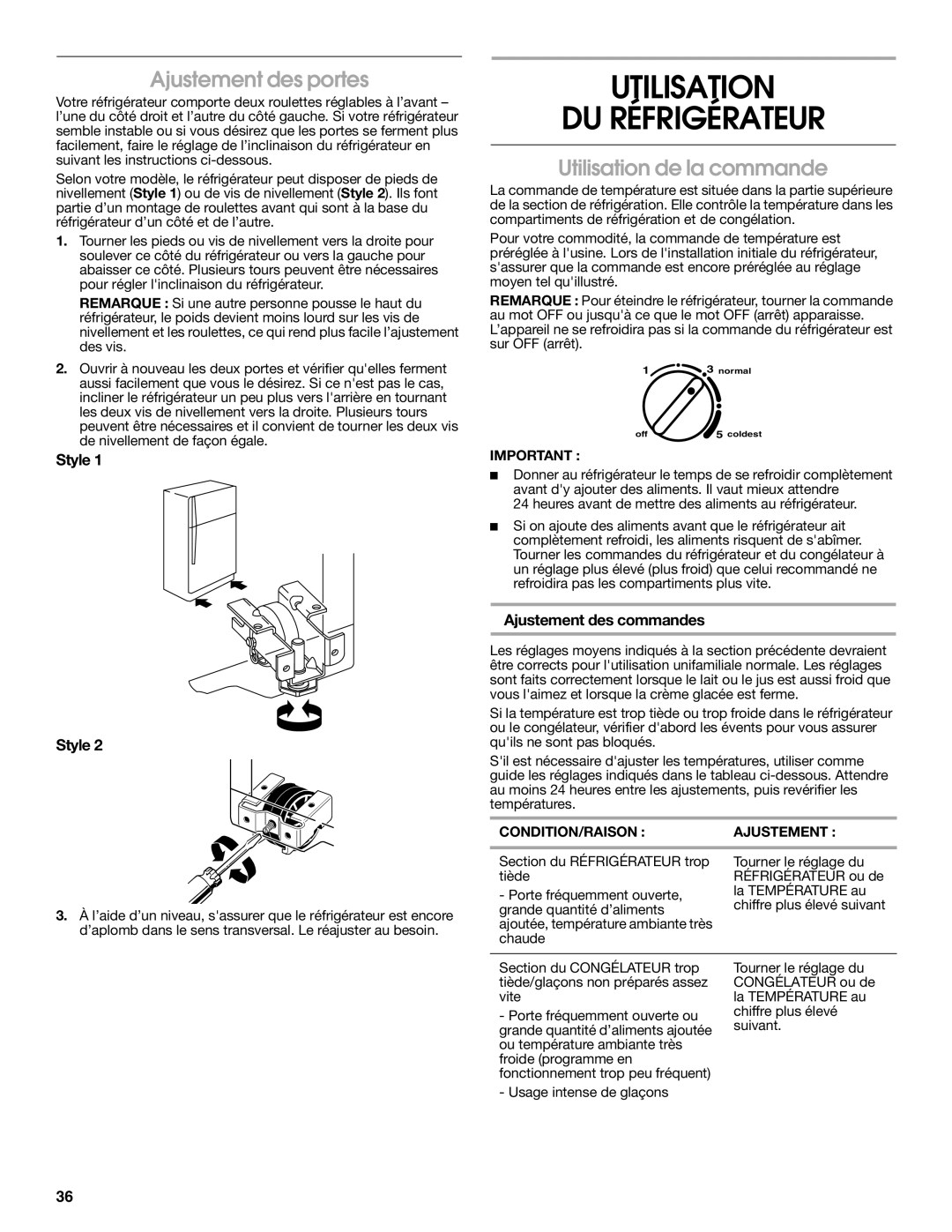 Estate 2316077B Utilisation DU Réfrigérateur, Ajustement des portes, Utilisation de la commande, Ajustement des commandes 