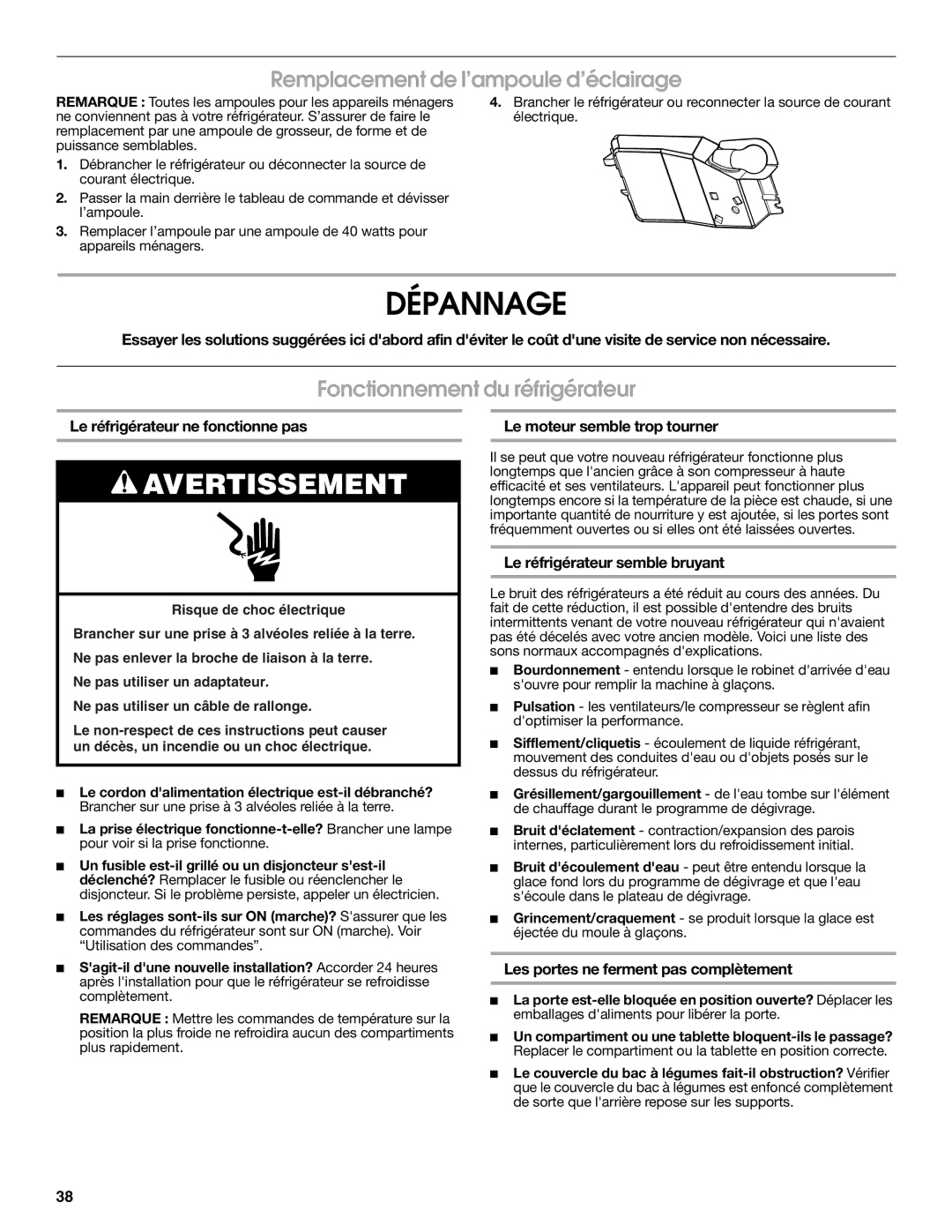 Estate 2316077B warranty Dépannage, Remplacement de l’ampoule d’éclairage, Fonctionnement du réfrigérateur 