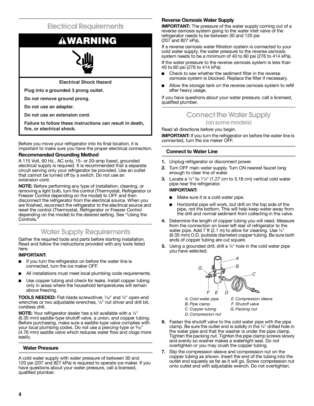 Estate 2316077B warranty Electrical Requirements, Water Supply Requirements, Connect the Water Supply 