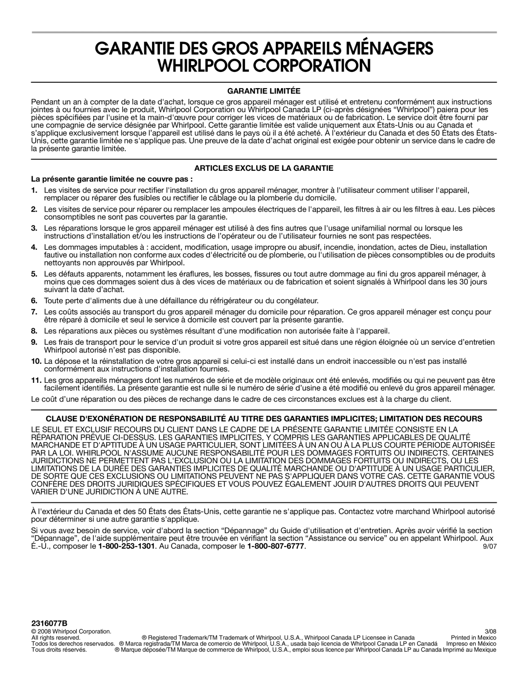 Estate 2316077B warranty Garantie DES Gros Appareils Ménagers Whirlpool Corporation, Garantie Limitée 