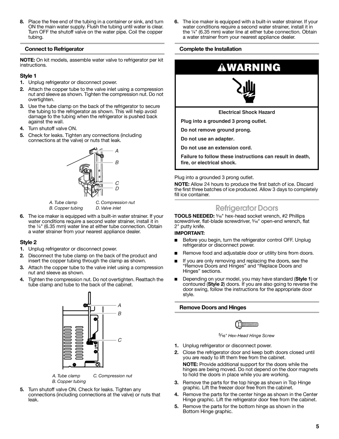 Estate 2316077B Refrigerator Doors, Connect to Refrigerator Style, Complete the Installation, Remove Doors and Hinges 