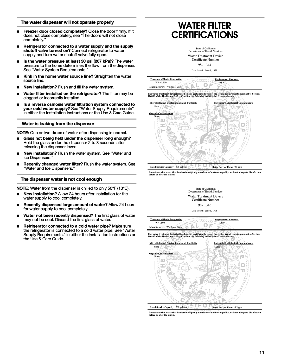 Estate 2318600 warranty Water Filter Certifications, The water dispenser will not operate properly 