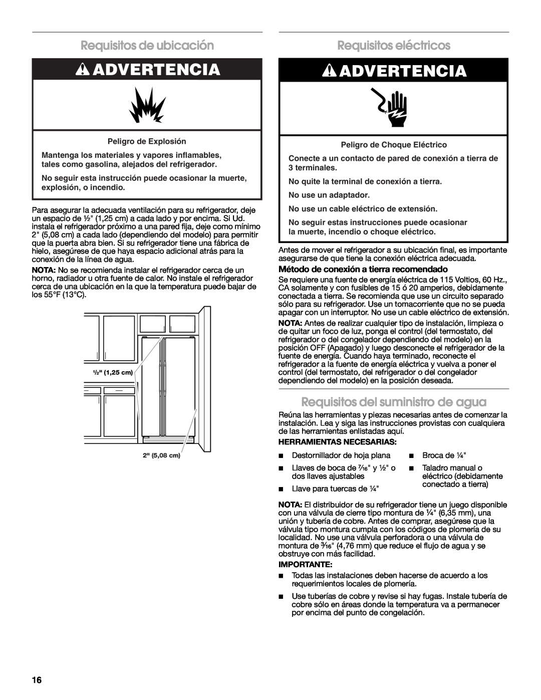 Estate 2318600 warranty Requisitos de ubicación, Requisitos eléctricos, Requisitos del suministro de agua, Advertencia 