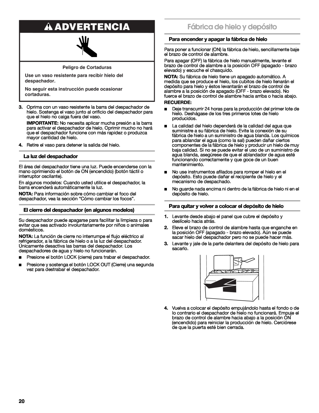 Estate 2318600 warranty Fábrica de hielo y depósito, Advertencia, La luz del despachador 