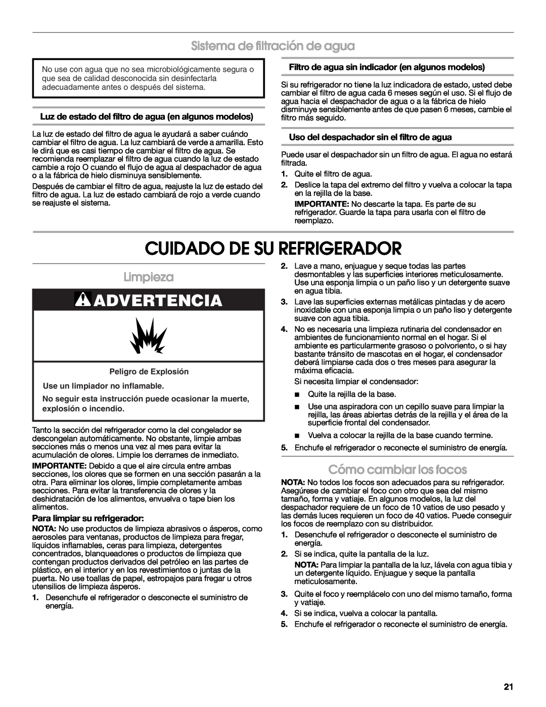 Estate 2318600 Cuidado De Su Refrigerador, Sistema de filtración de agua, Limpieza, Cómo cambiar los focos, Advertencia 