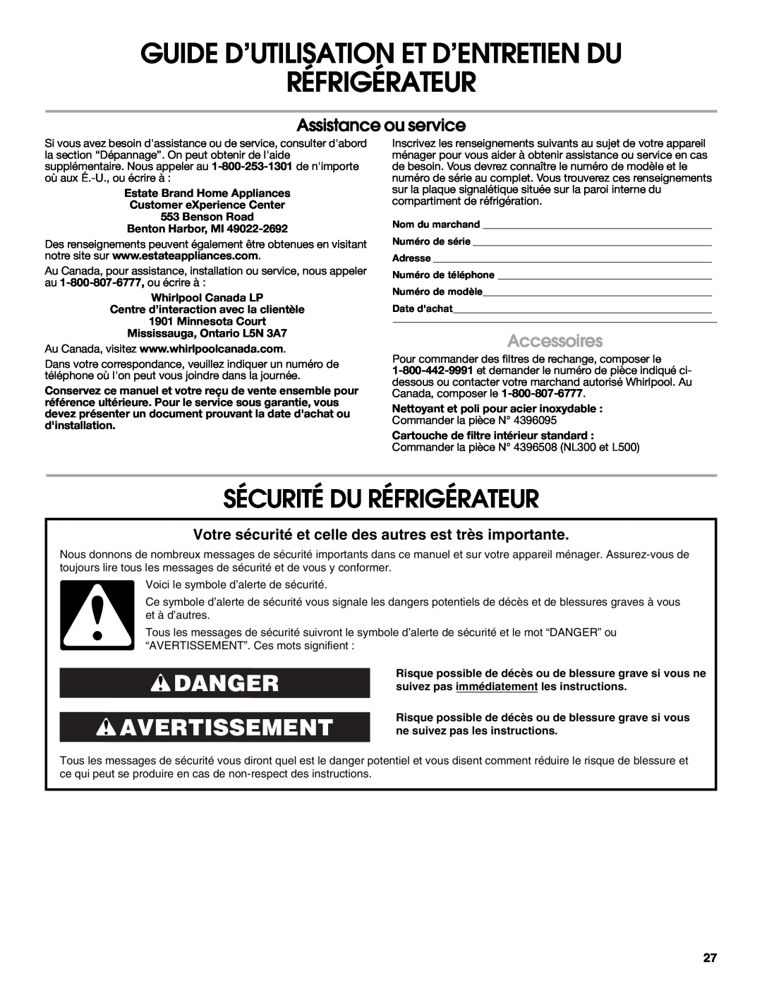 Estate 2318600 warranty Sécurité Du Réfrigérateur, Danger Avertissement, Assistance ou service, Accessoires 
