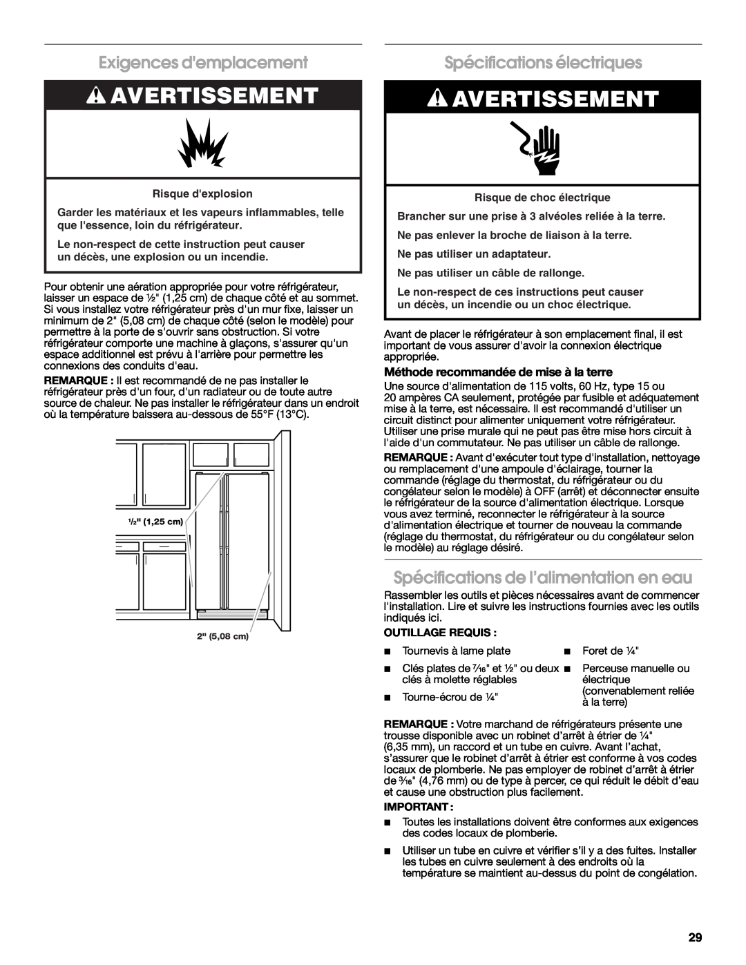 Estate 2318600 Exigences demplacement, Spécifications électriques, Spécifications de l’alimentation en eau, Avertissement 