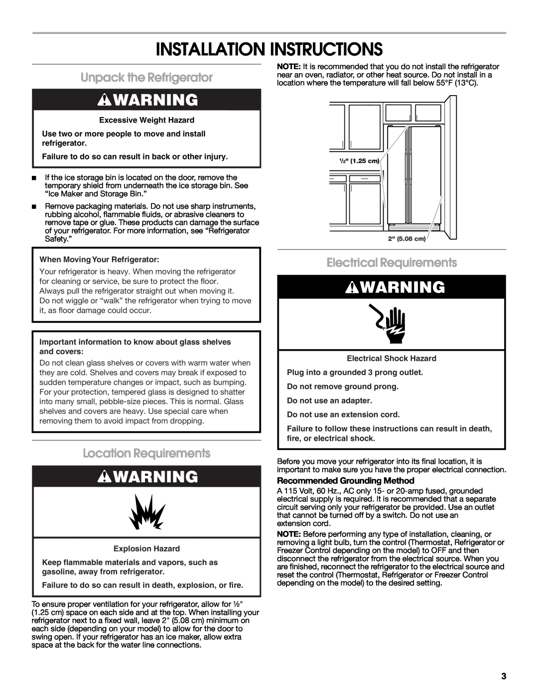 Estate 2318600 warranty Installation Instructions, Unpack the Refrigerator, Location Requirements, Electrical Requirements 