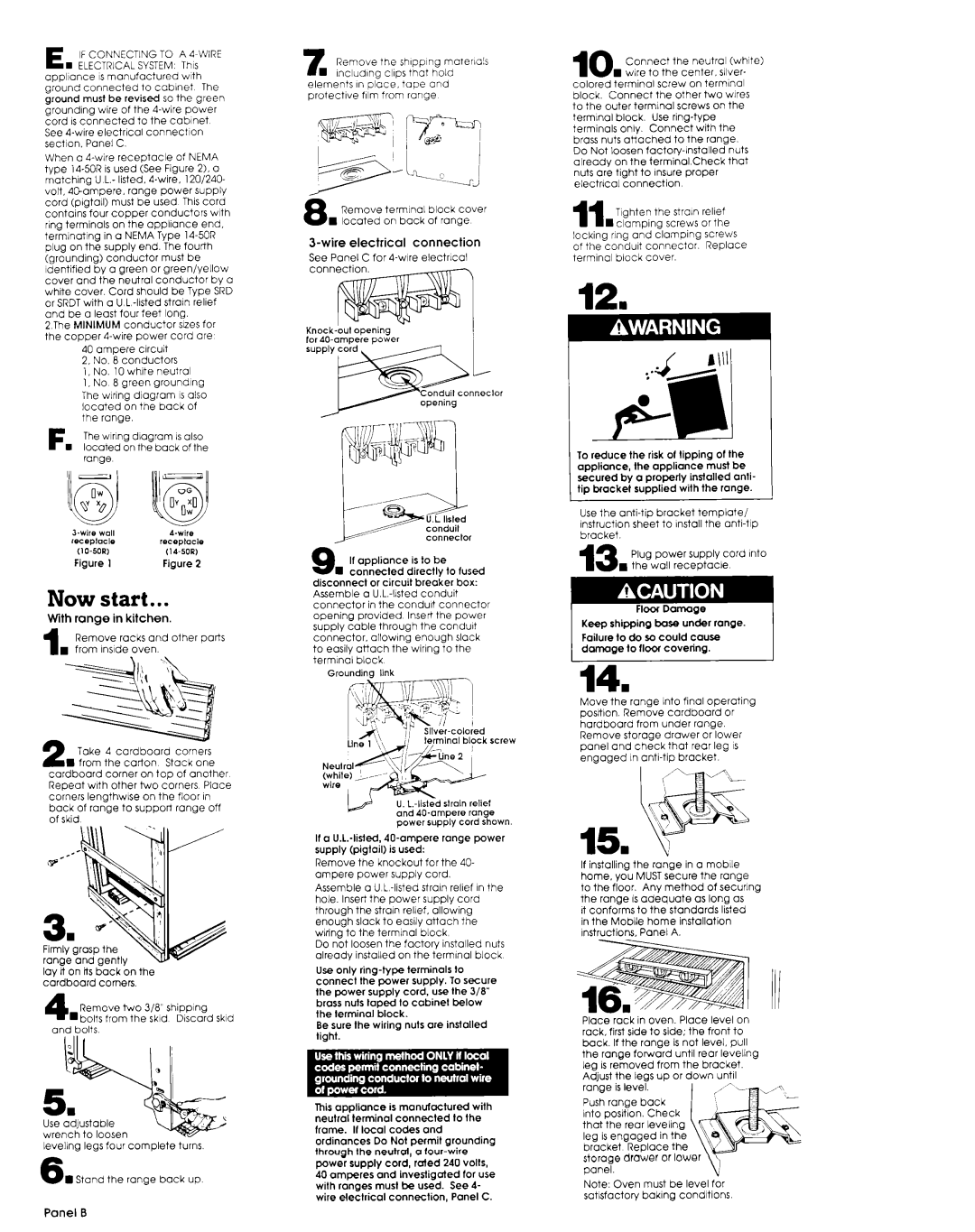 Estate 3150250 manual 12 n, Now start, With range in kitchen, Wire electrical connection, Panel B 