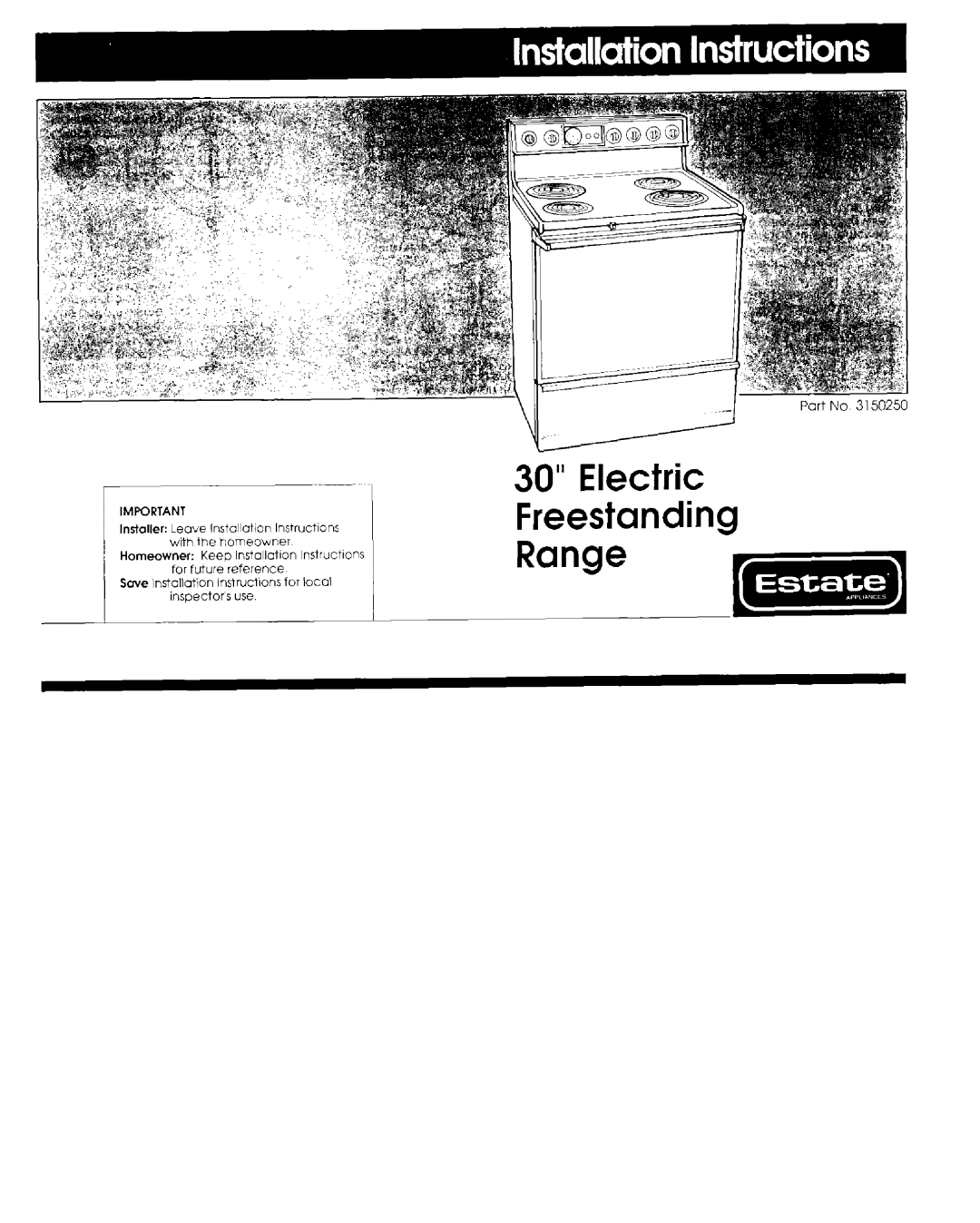 Estate 3150250 manual Importanti, 30” Electric Freestanding 