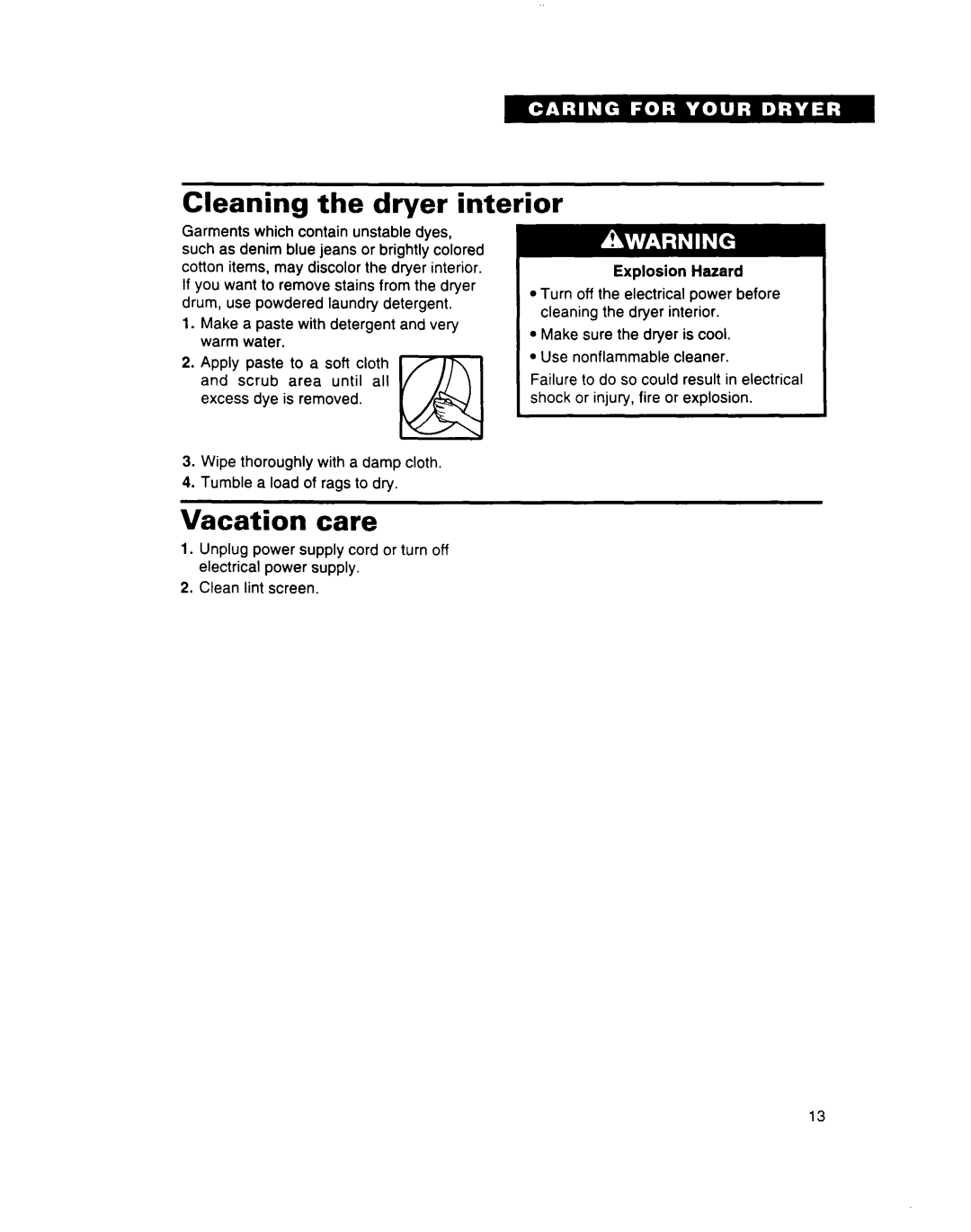 Estate 3401085 warranty Cleaning the dryer interior, Vacation care, ExDlosion Hazard 