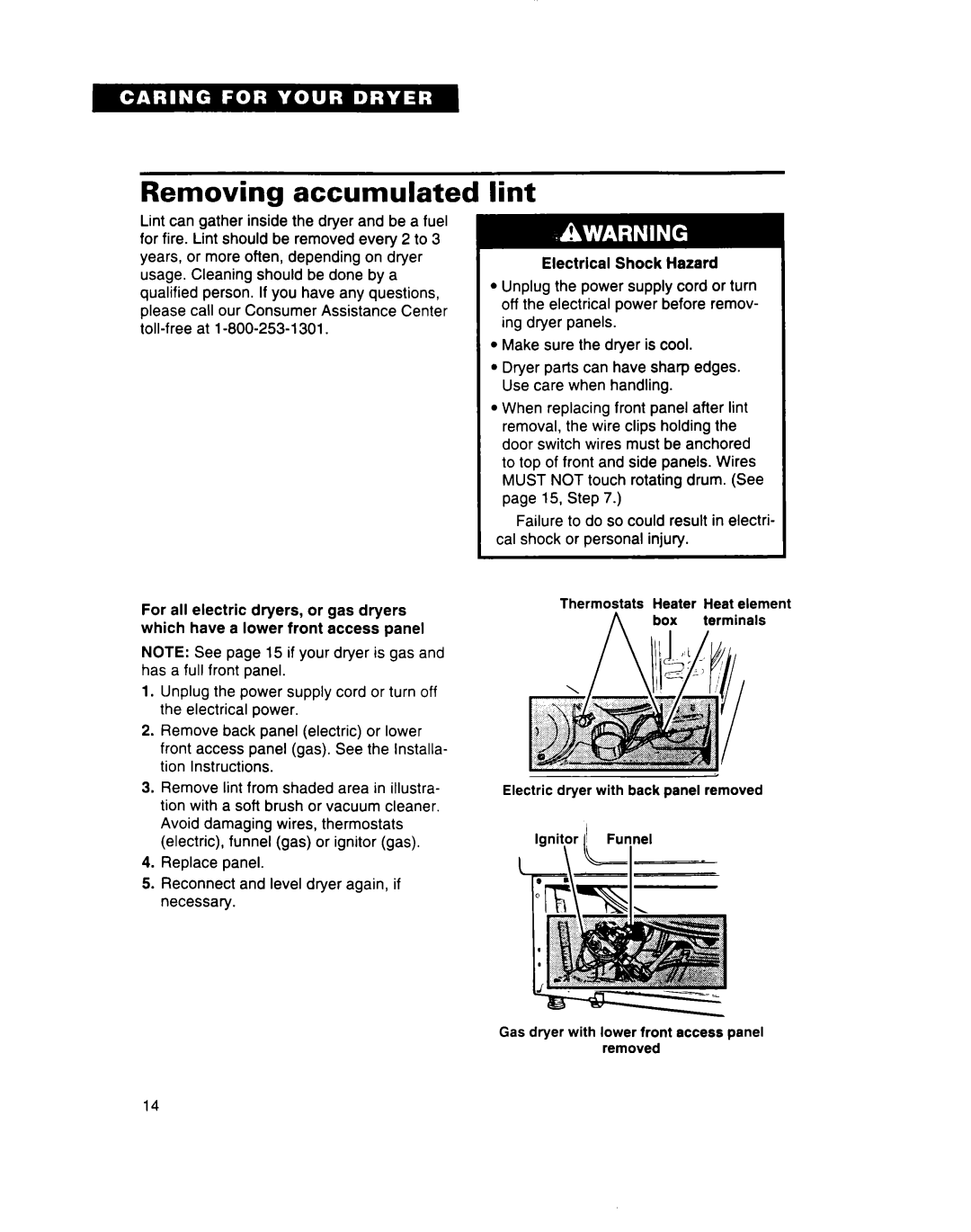 Estate 3401085 warranty Removing accumulated, Lint, Electrical Shock Hazard 