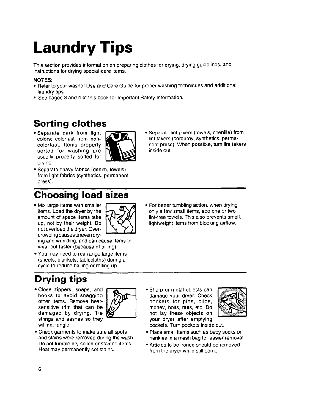 Estate 3401085 warranty Laundry Tips, Sorting clothes, Choosing load sizes, Drying tips 