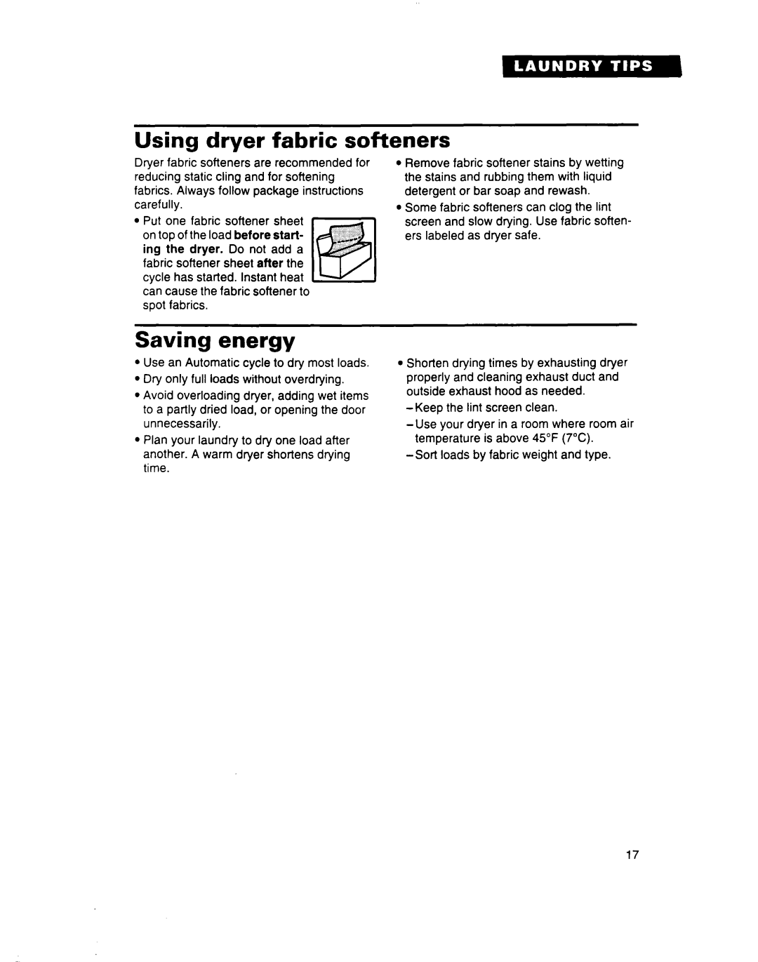 Estate 3401085 warranty Using dryer fabric softeners, Saving energy 