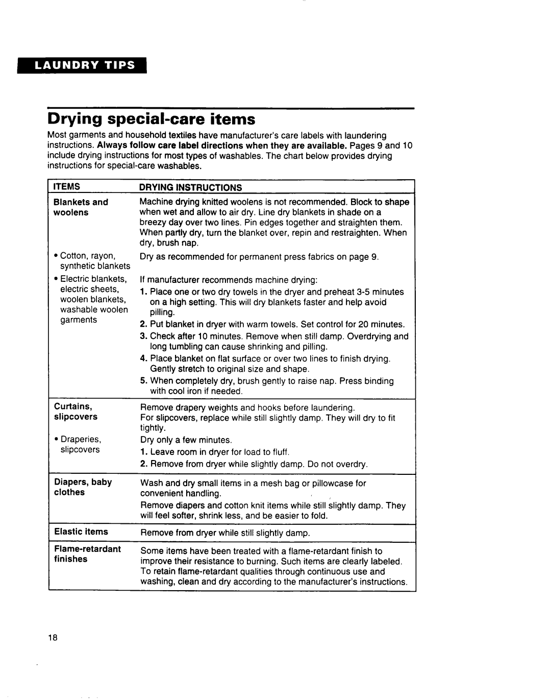 Estate 3401085 warranty Drying special-care items, Tems, 31ankets, Diapers, baby clothes Elastic items, Drying Instructions 