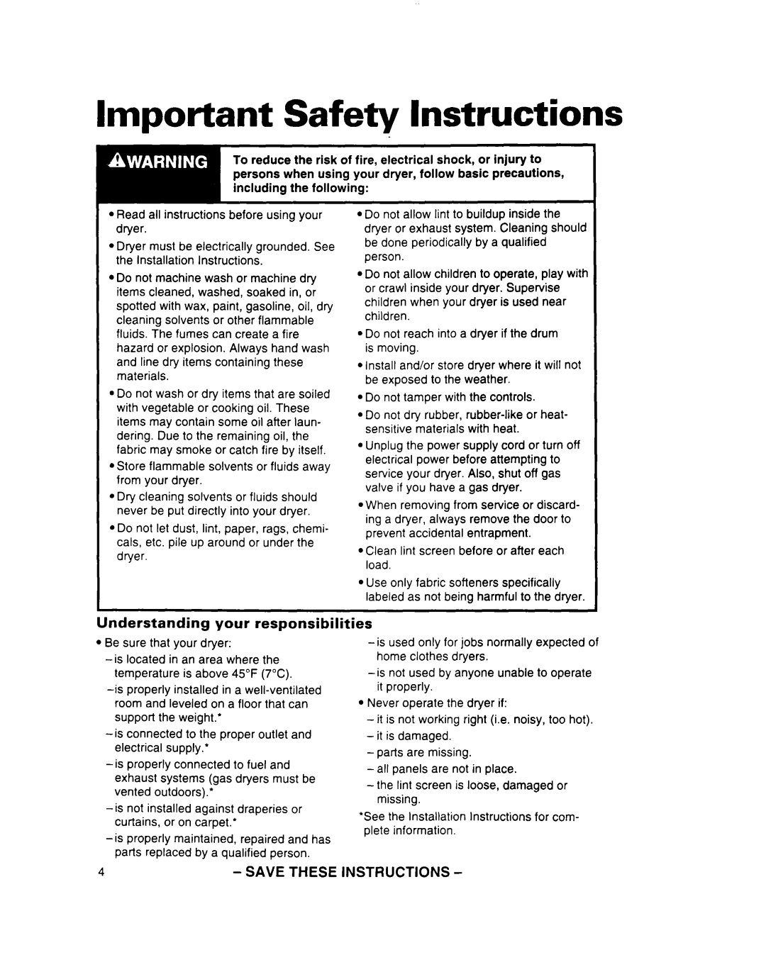 Estate 3401085 warranty Imt3ortant Safetv Instructions, Understanding your responsibilities 