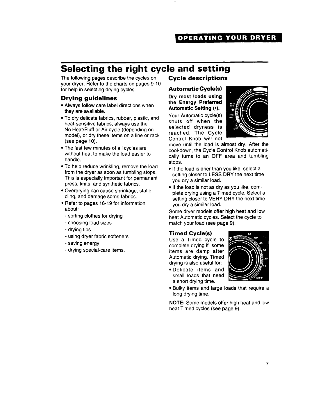 Estate 3401085 warranty Selecting the right cycle and setting, Drying guidelines, Cycle descriptions, Timed Cycles 