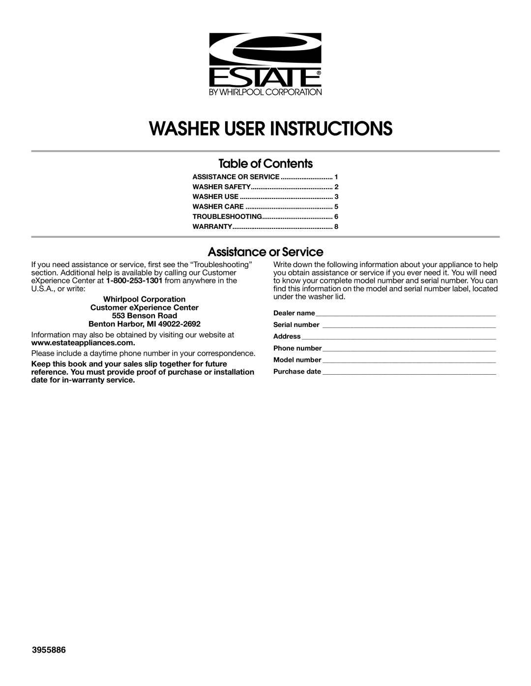 Estate 3955886 warranty Washer User Instructions 