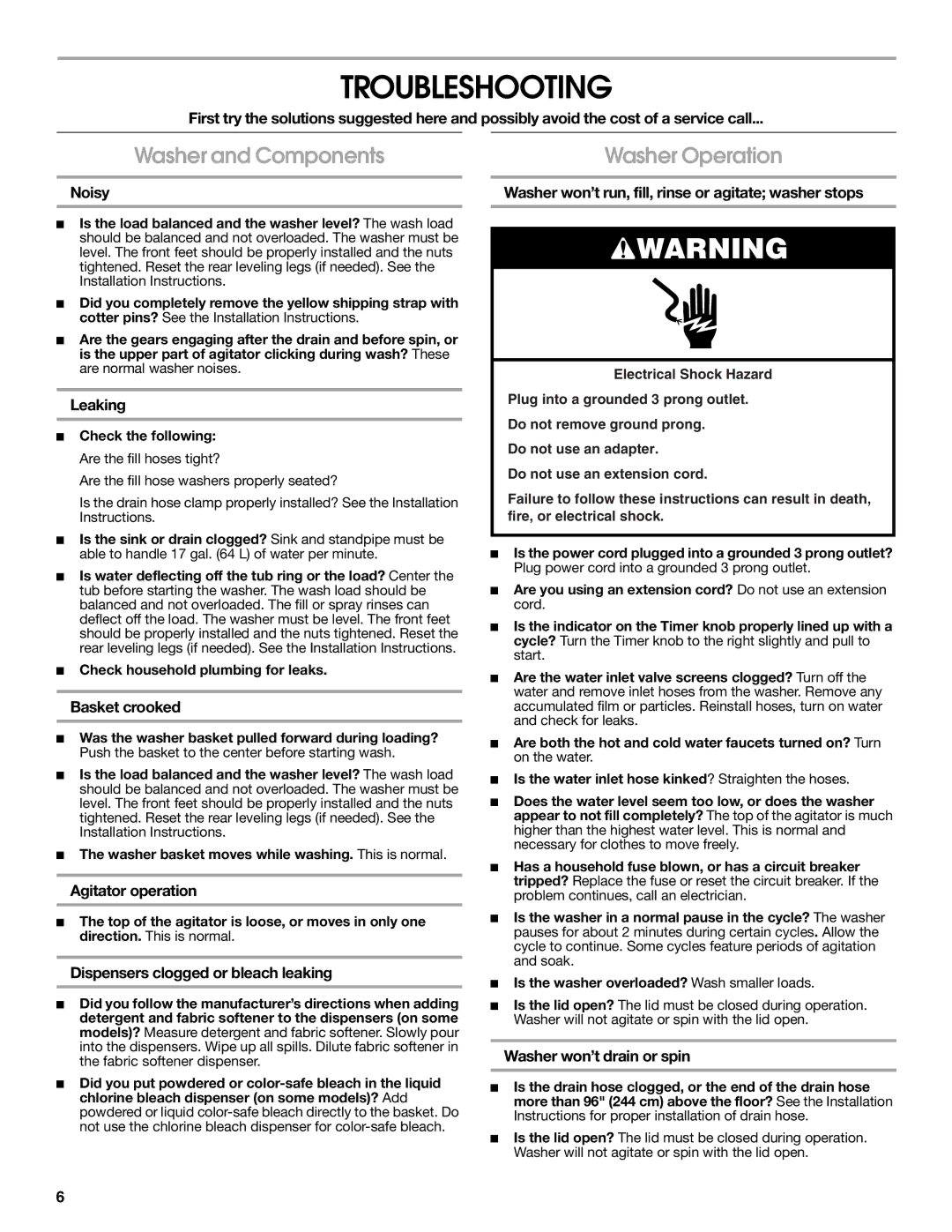 Estate 3955886 warranty Troubleshooting, Washer and Components, Washer Operation 