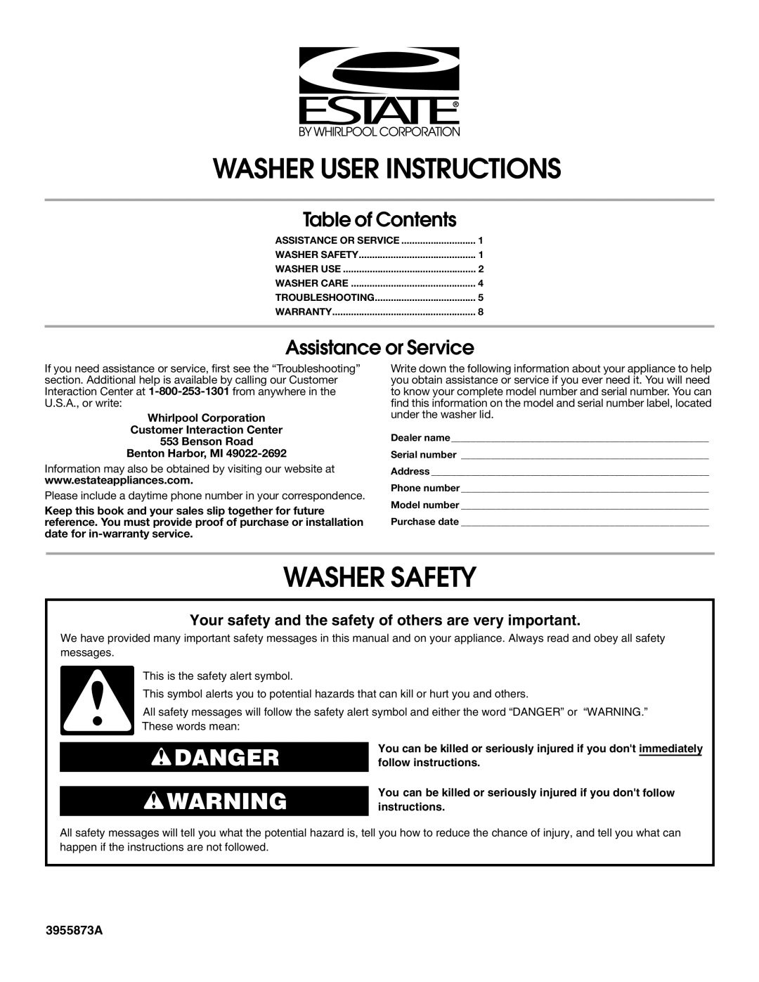 Estate 3956873A warranty Washer User Instructions, Washer Safety 