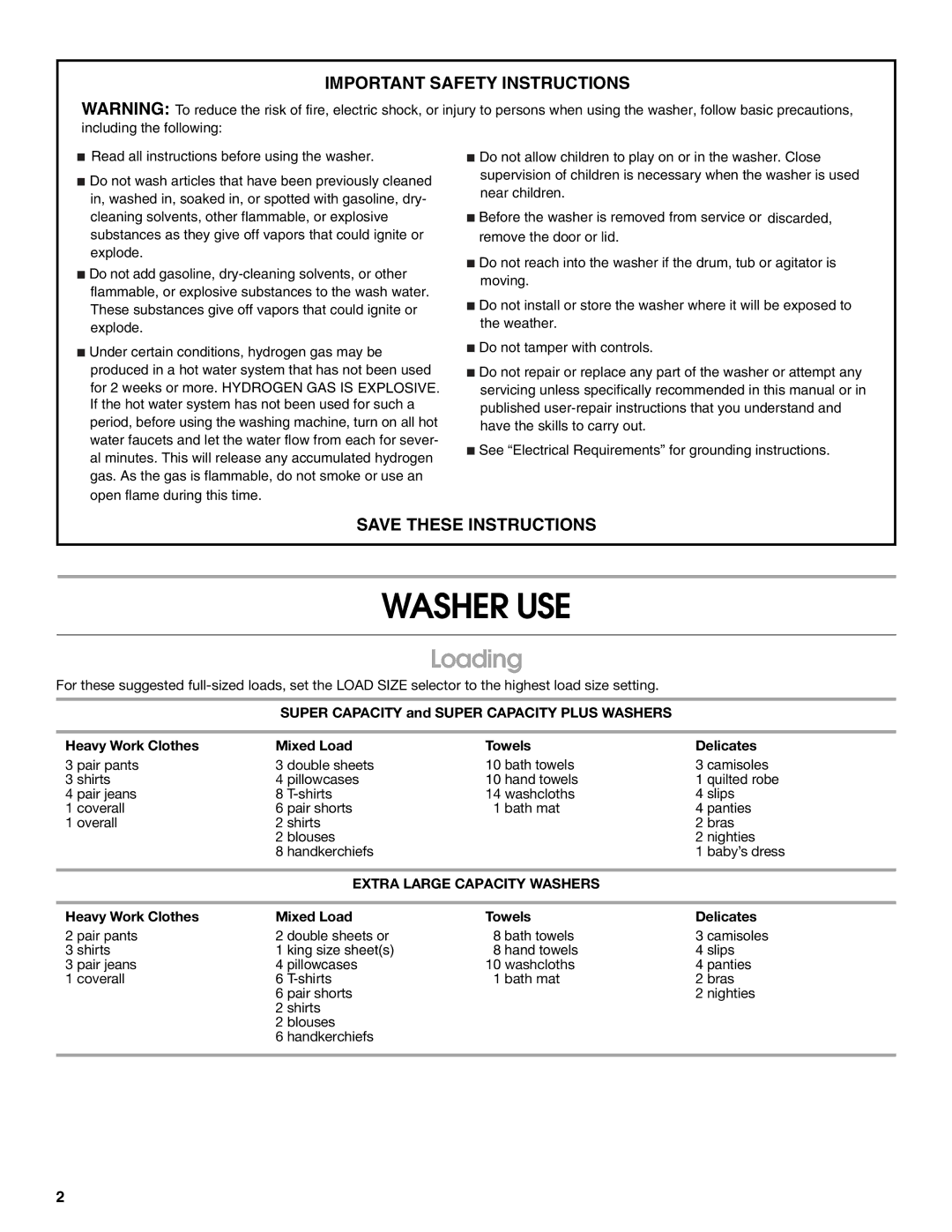 Estate 3956873A warranty Washer USE, Loading, Extra Large Capacity Washers, Heavy Work Clothes Mixed Load Towels Delicates 