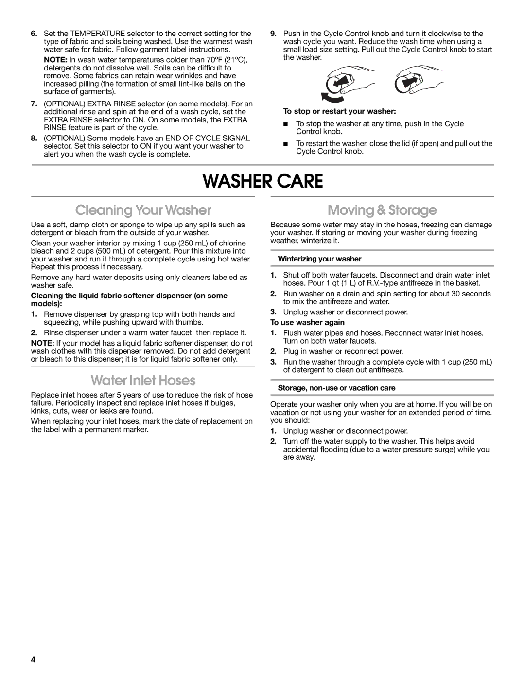 Estate 3956873A warranty Washer Care, Cleaning Your Washer, Water Inlet Hoses, Moving & Storage 