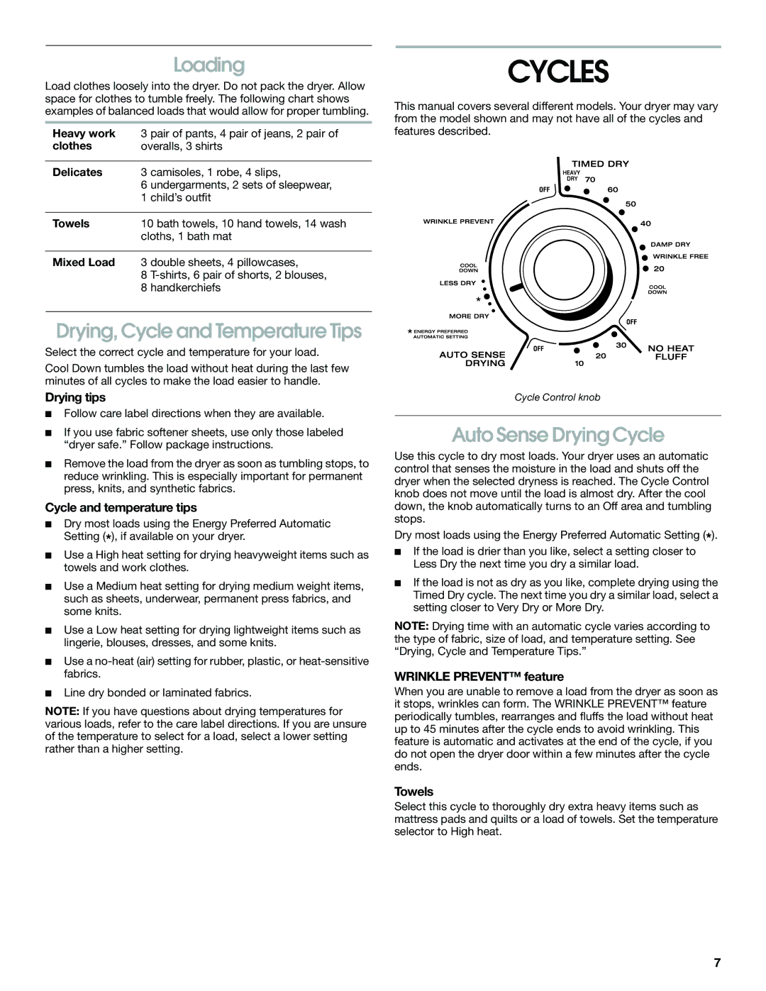 Estate 8318478A manual Cycles, Loading, Drying, Cycle and Temperature Tips, Auto Sense Drying Cycle 