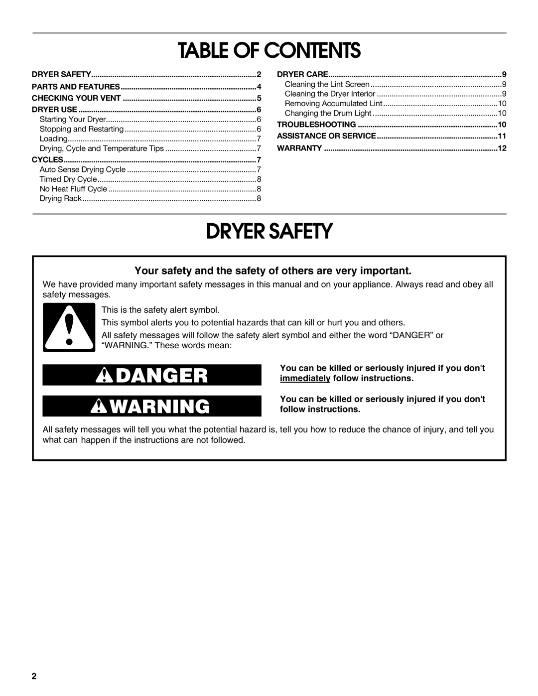 Estate 8318478A manual Table Of Contents, Dryer Safety 