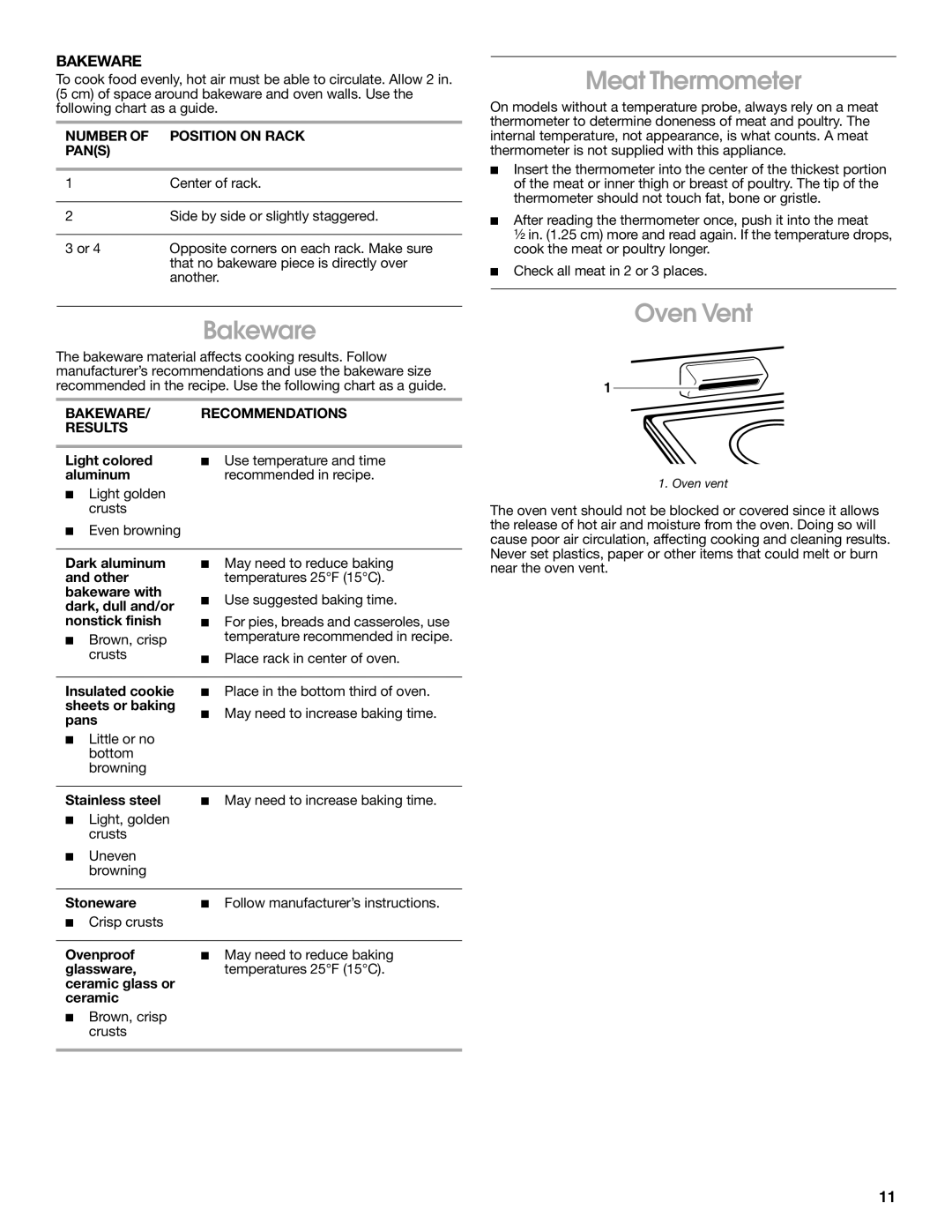 Estate 9782188A manual Meat Thermometer, Oven Vent, Number Position on Rack Pans, Bakeware Recommendations Results 