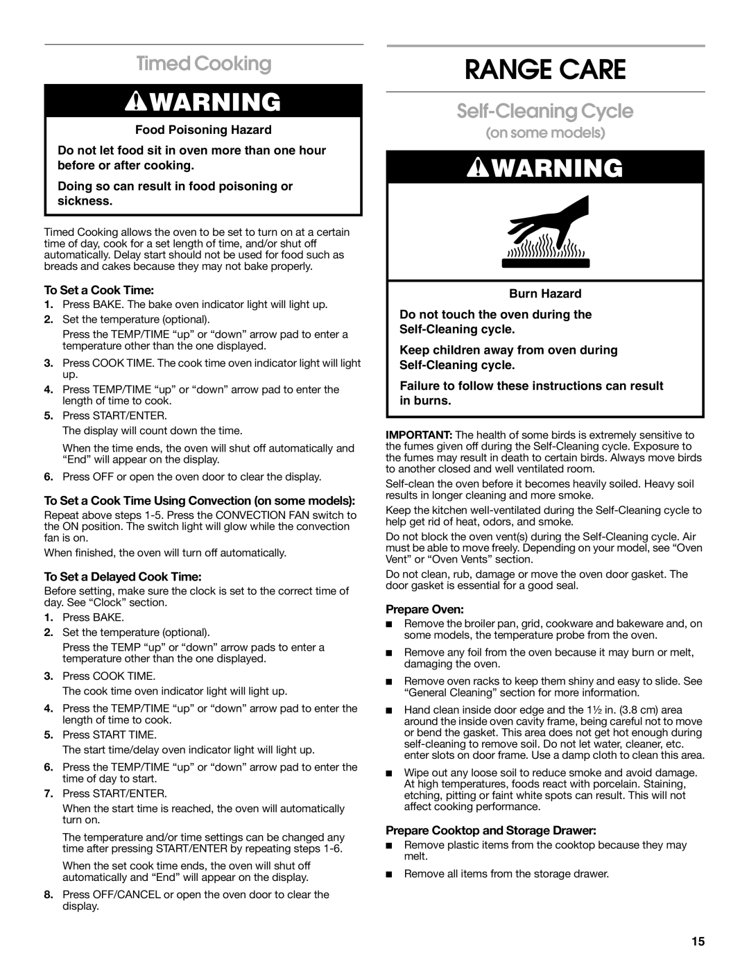 Estate 9782188A manual Range Care, Timed Cooking, Self-Cleaning Cycle 