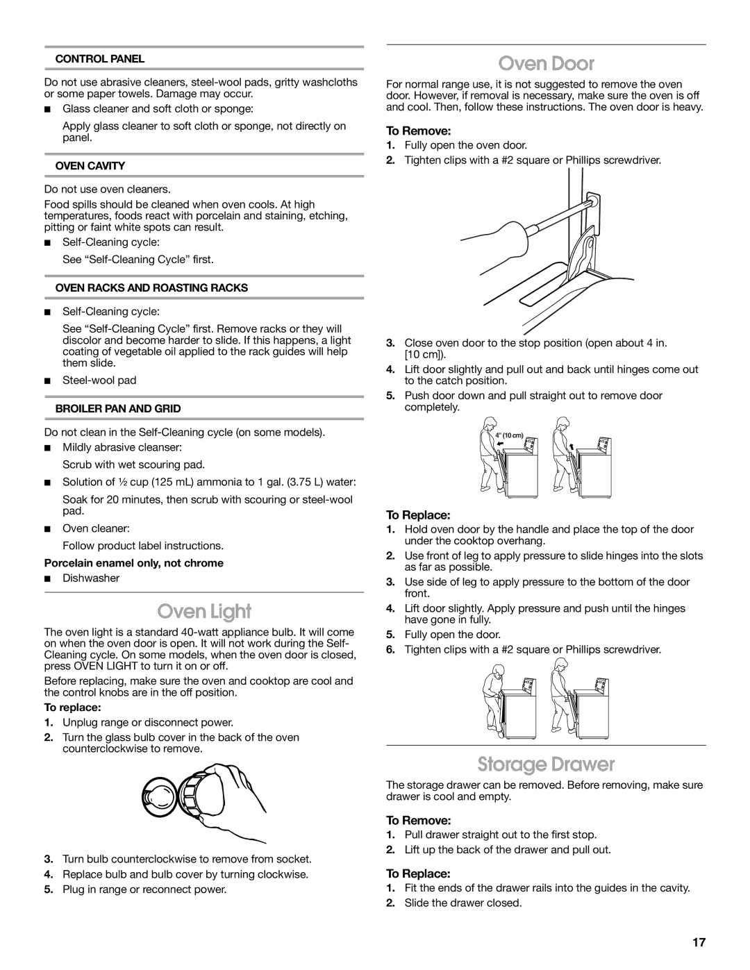 Estate 9782188A manual Oven Light, Oven Door, Storage Drawer, To Remove, To Replace 