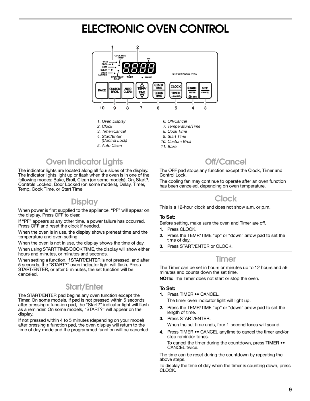 Estate 9782188A manual Electronic Oven Control, Display, Start/Enter, Clock, Timer 