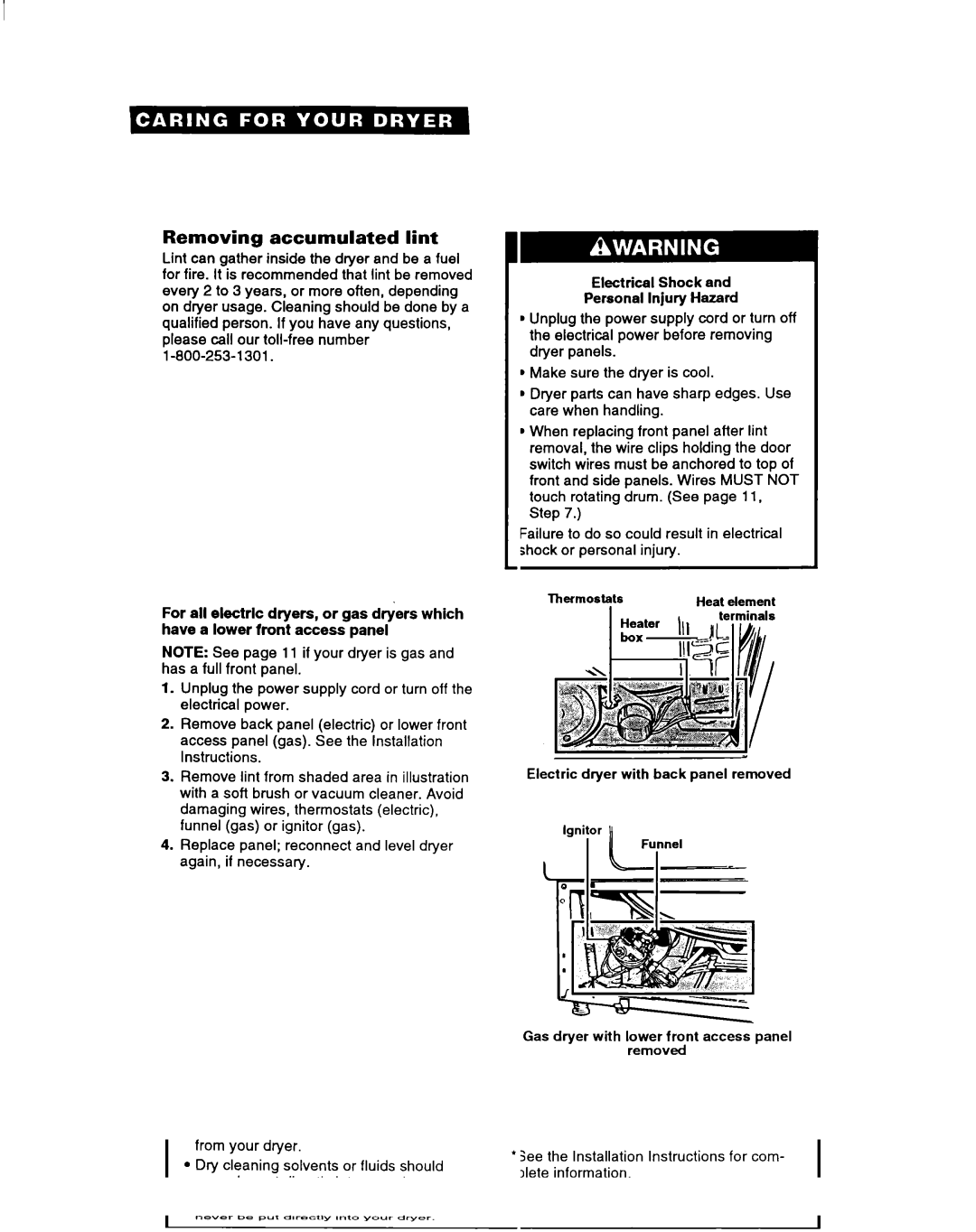 Estate Clothes Dryer warranty Removing accumulated lint, Electrical Shock Personal Injury Hazard 