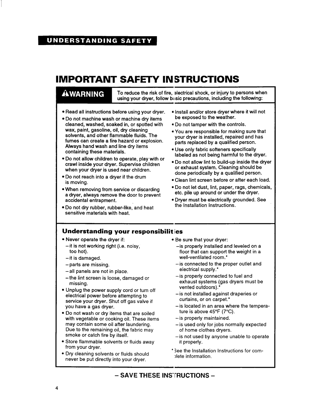 Estate Clothes Dryer warranty Important Safety Instructions, Understanding your responsibilities 