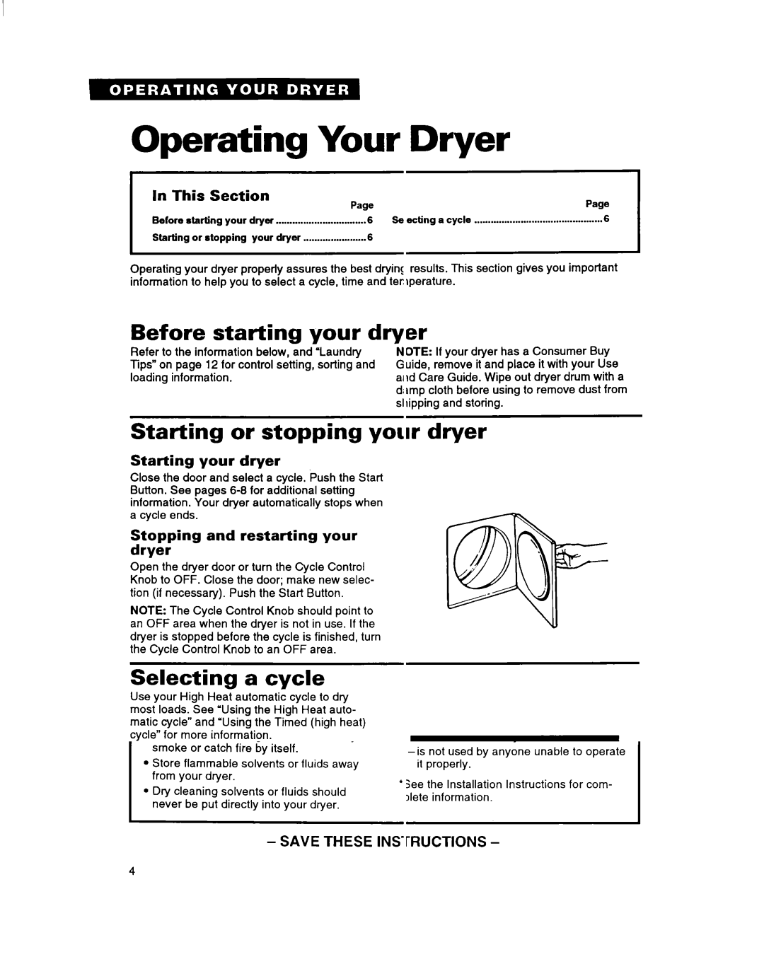 Estate Clothes Dryer Operating Your Dryer, Before starting your dryer, Starting or stopping your, Selecting a cycle 