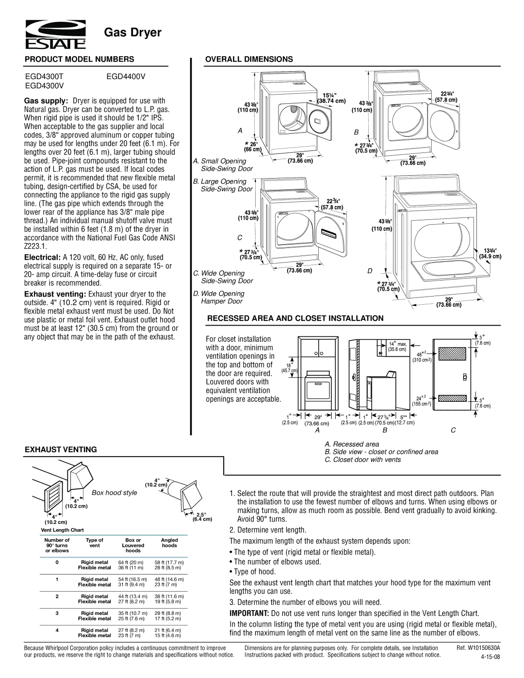 Estate EGD4400V dimensions Gas Dryer, Product Model Numbers, Overall Dimensions, Recessed Area and Closet Installation 